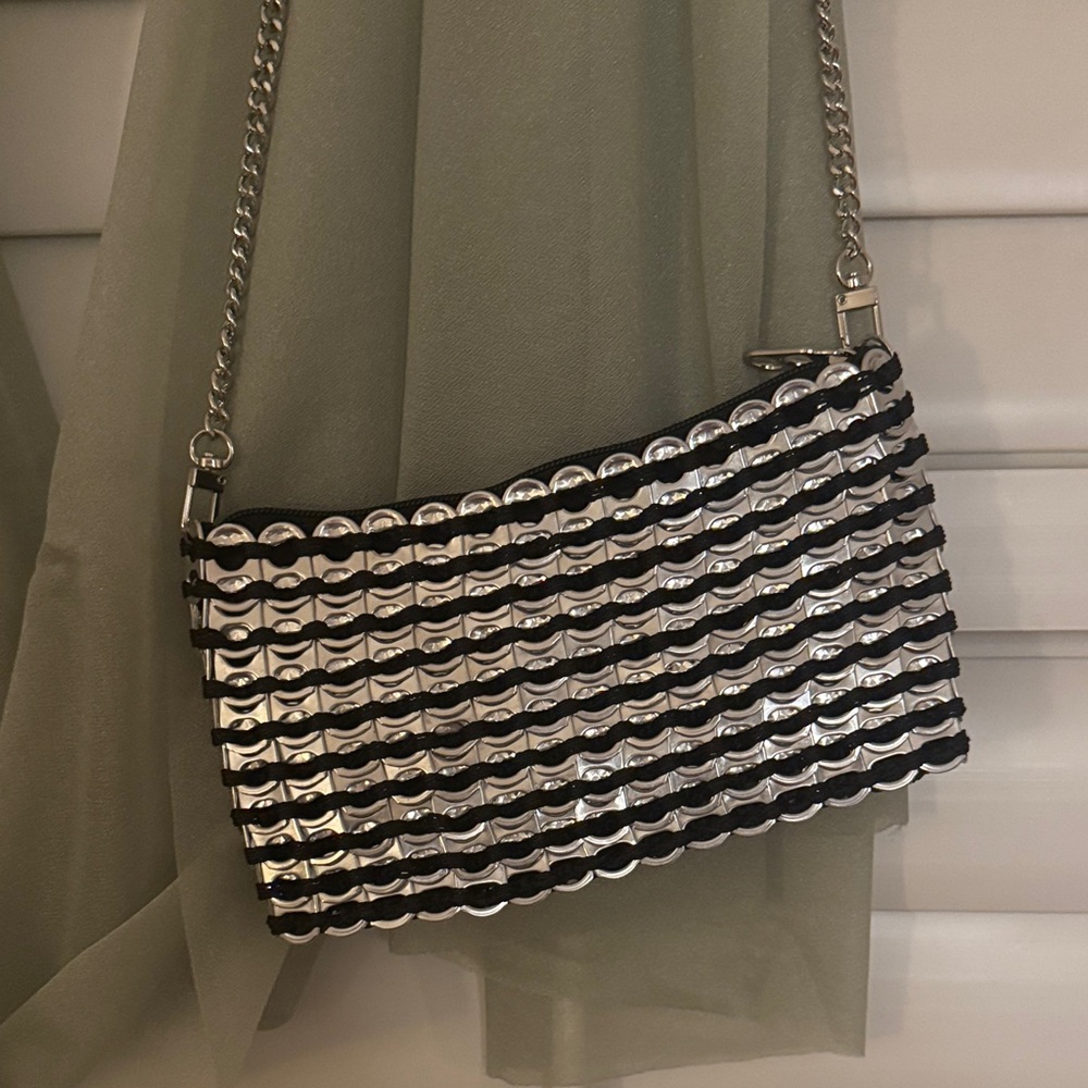 Elegant Silver and Black Clutch with Chain